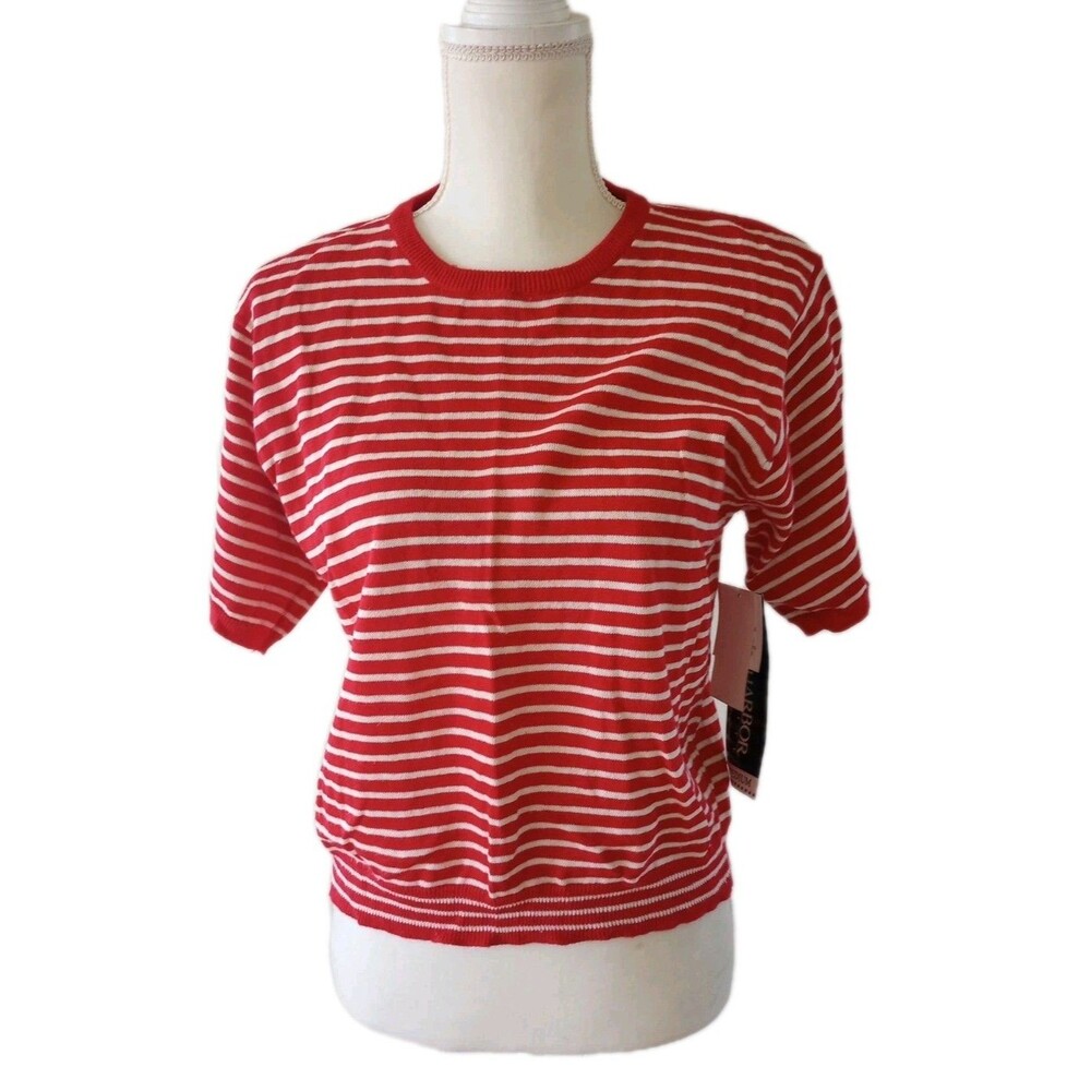 Vintage 90s Sweater Red White Stripe Nautical Coastal Short Sleeve Petite Medium